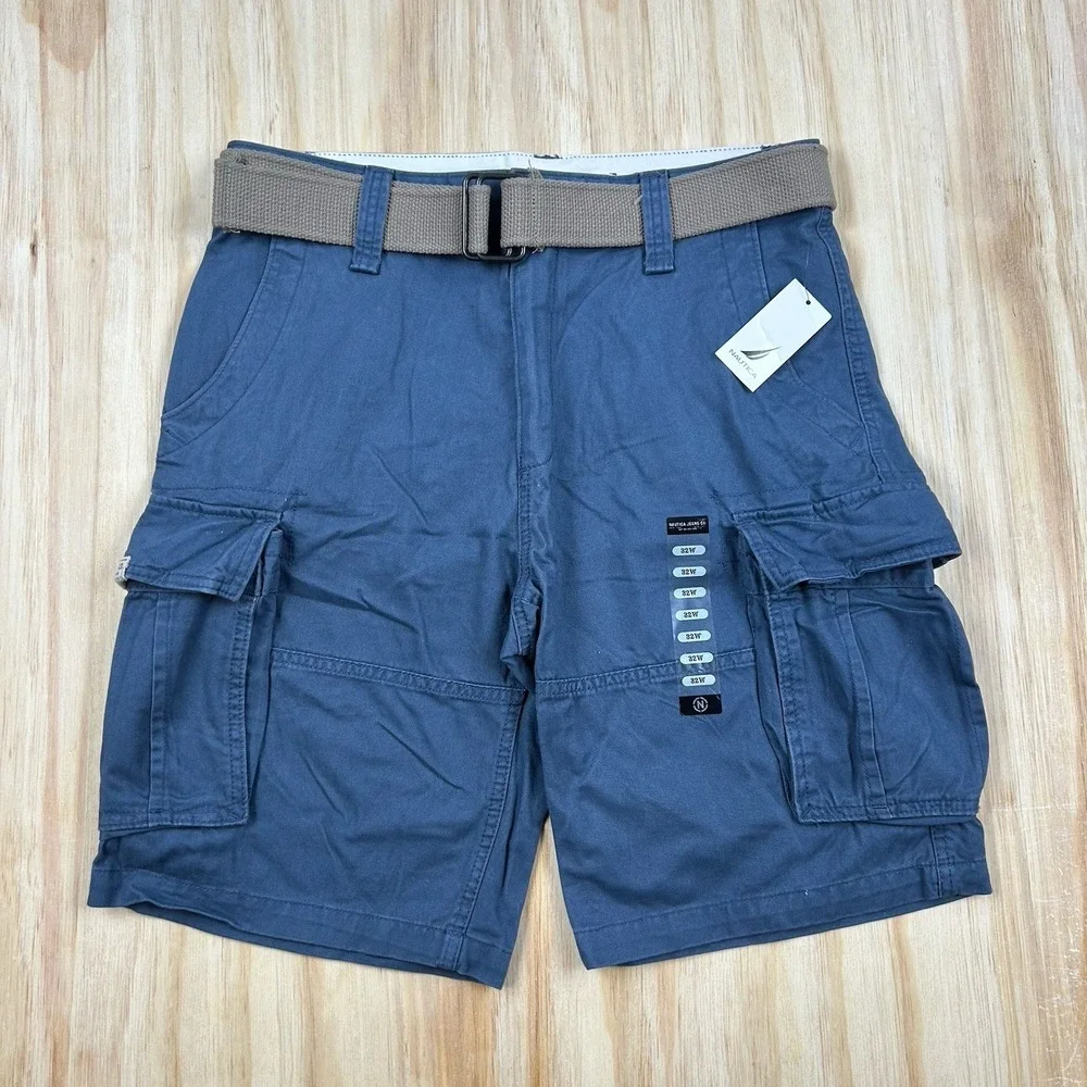 Nautica NEW Navy Blue 100% Cotton Baggy Cargo Twill‎ Shorts with Gray Belt 32
